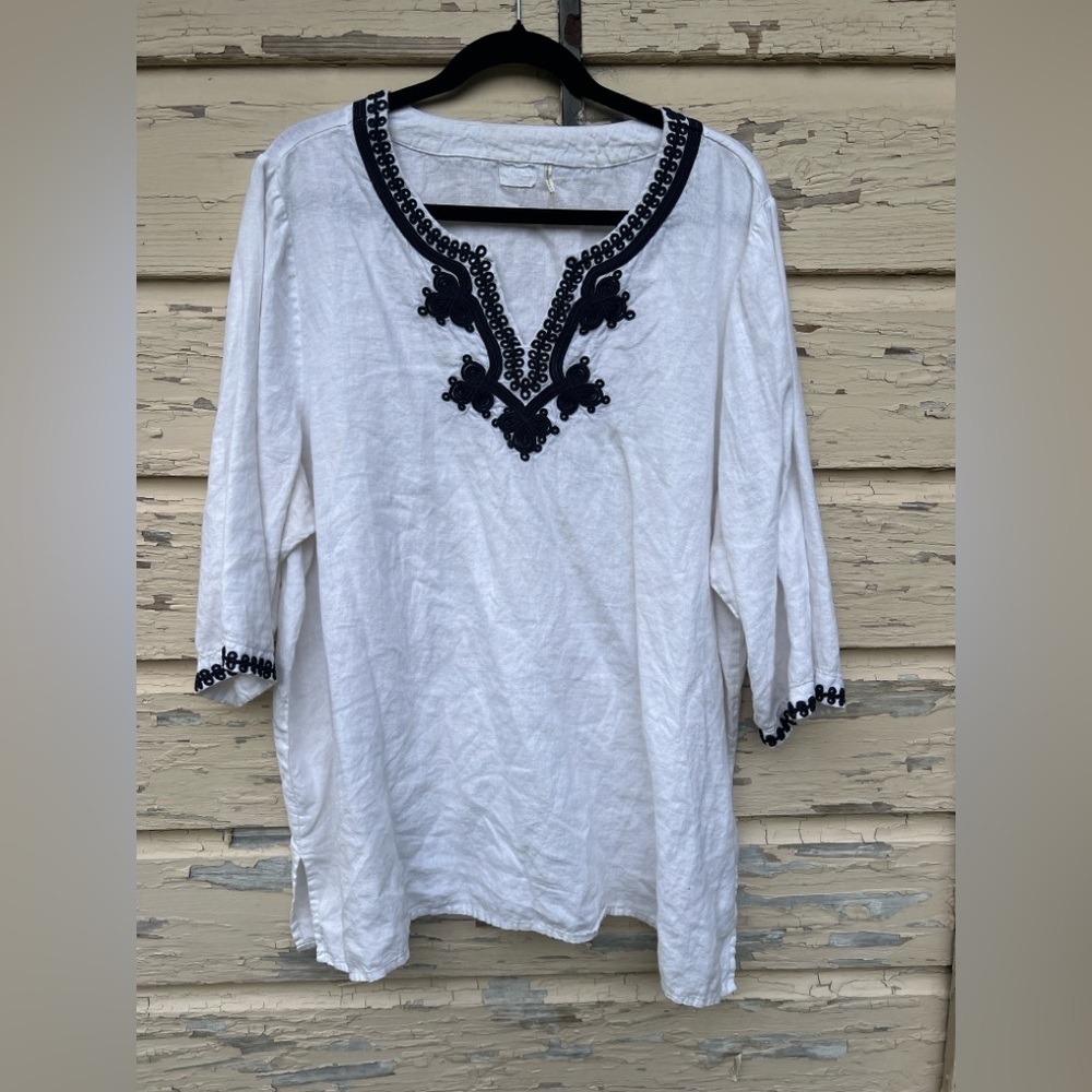 Symple NYC Linen BoHo Embroidered Beachy 3/4 Length Summer Tunic Blouse Top 2X